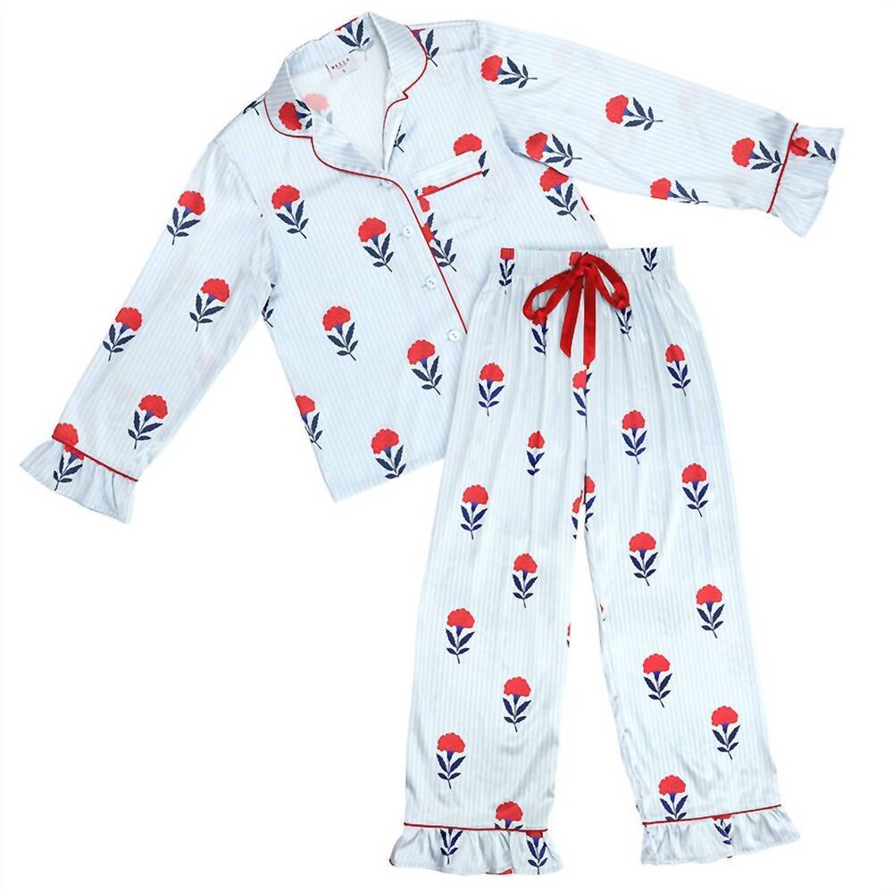 NEW BELLA SLEEP + SPA women's full length ruffled pj set with velvet tie in red/